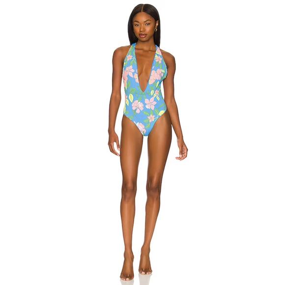NEW Maaji Tiki One-Piece Swimsuit Blue Floral Halter Neck Deep Plunge Neck Large - Picture 5 of 9